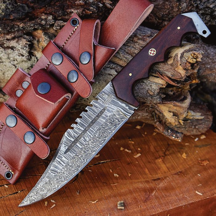 FH CPBW001 Damascus Bowie Fixed Blade Knife Brown Handles