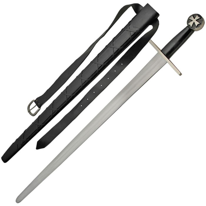 Cross Guard Carbon Steel Blade Sword with Belt and Black Leather Wrapped Handle